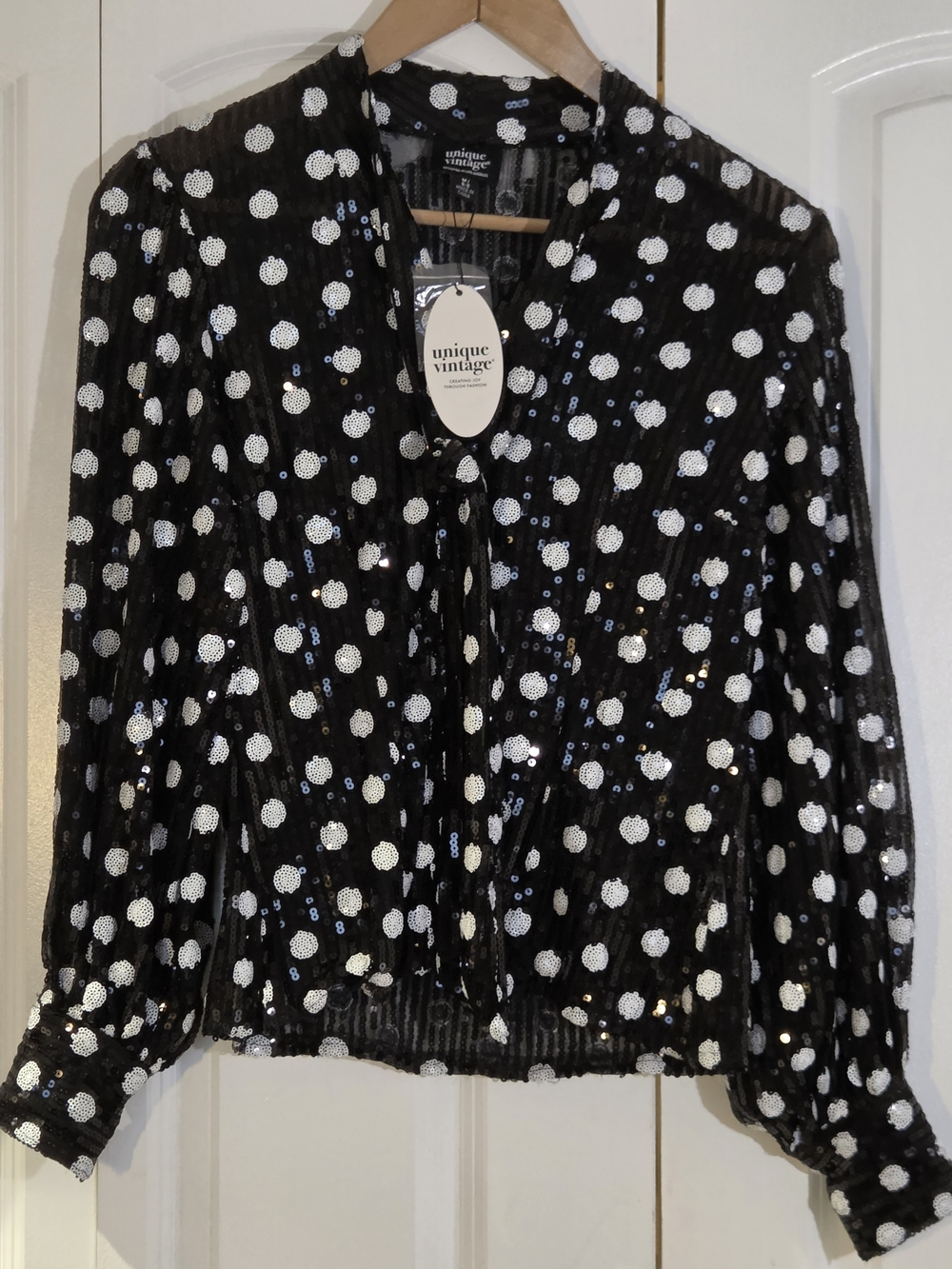 Unique Vintage Black Polka Dot Sequin Blouse